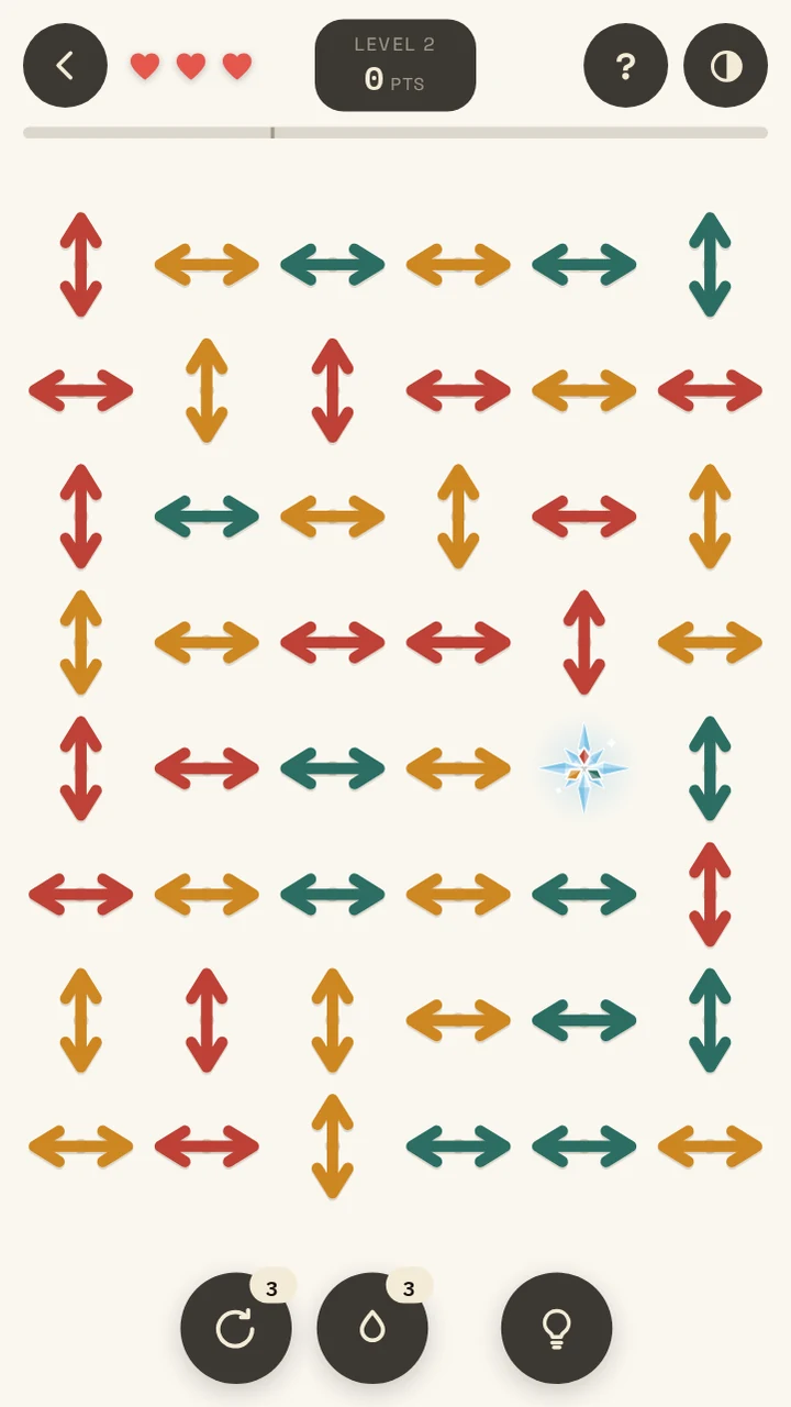 Level two: a six-by-eight board, 47 arrows