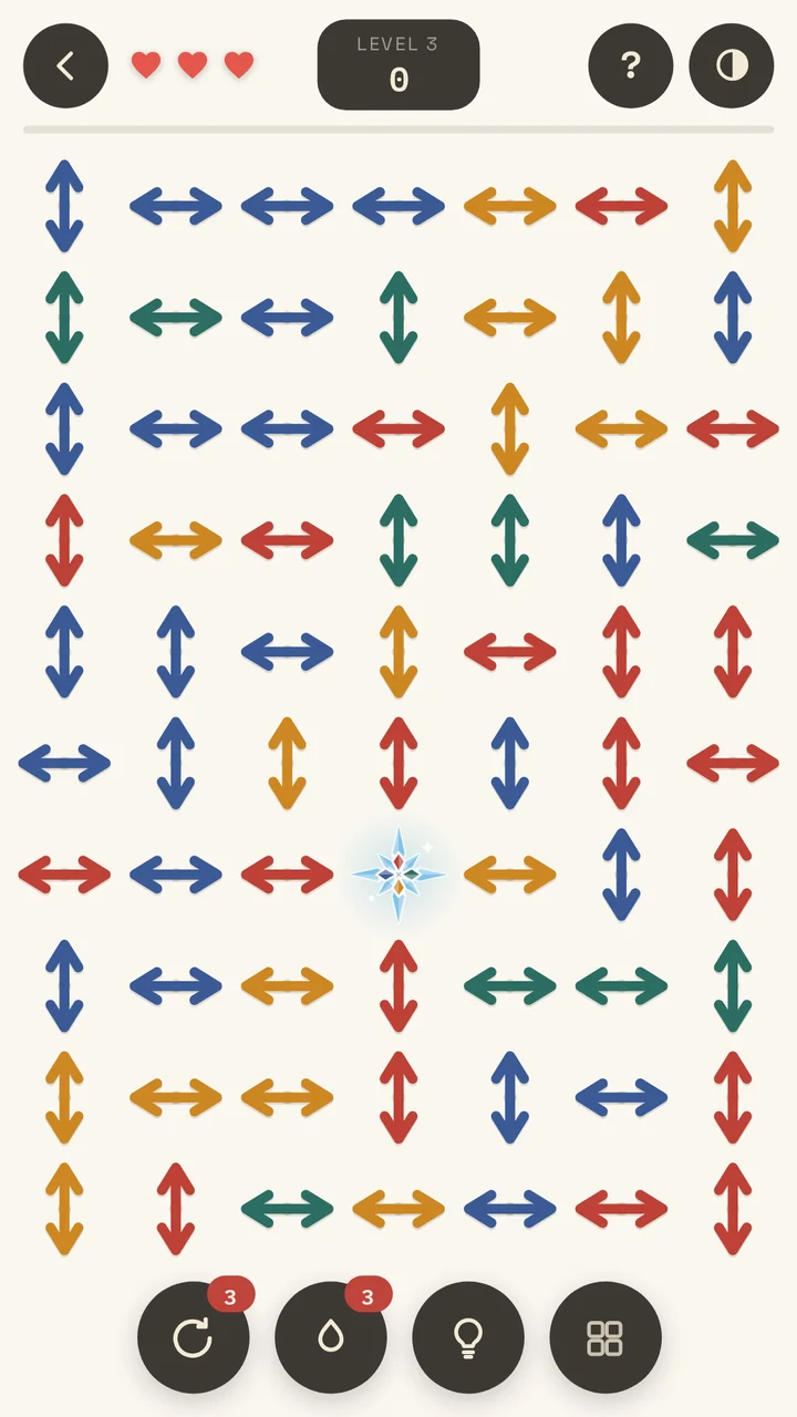 Level three: a seven-by-ten board, 69 arrows in four colours