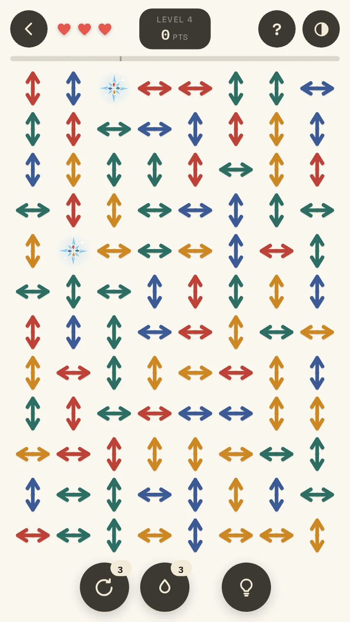 Level four: an eight-by-twelve board, 94 arrows and two stars