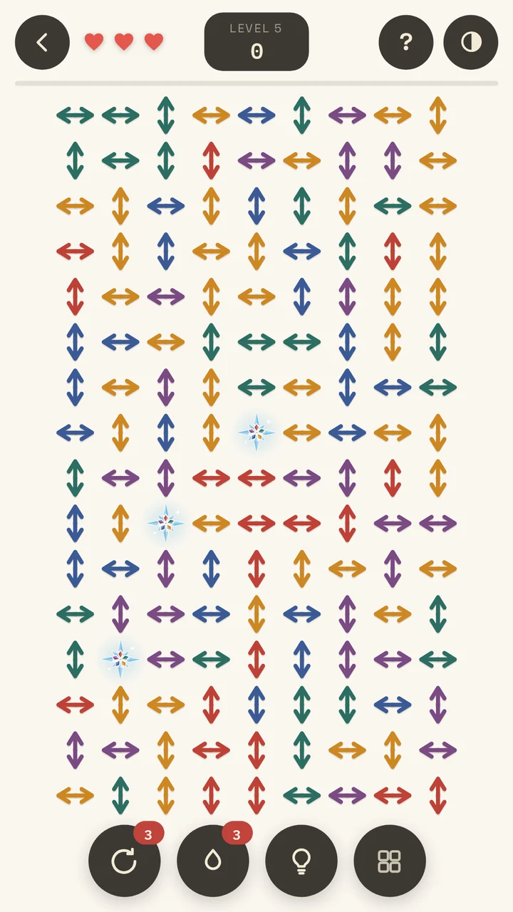 Level five: a nine-by-sixteen board, 141 arrows in five colours